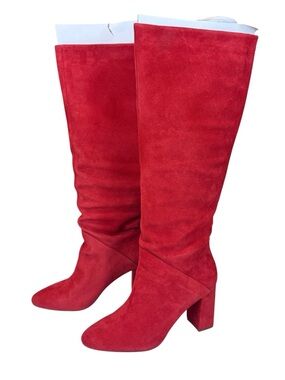 Banana Republic Tall Suede Slouchy Knee High Boots Red Block Heel Women’s Size 9